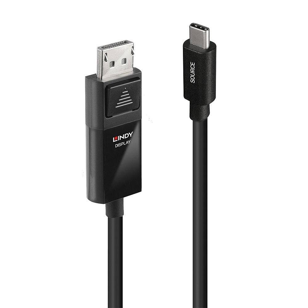 A black DisplayPort to USB-C cable. The left end shows a DisplayPort connector, the right end a USB-C connector.