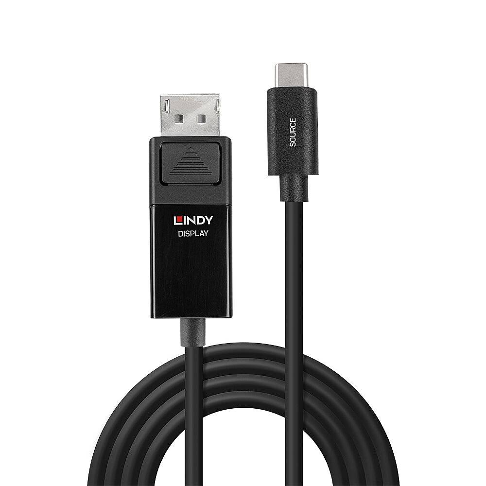 A black cable with a DisplayPort plug on the left side and a USB-C plug on the right side, brand 'Lindy'.