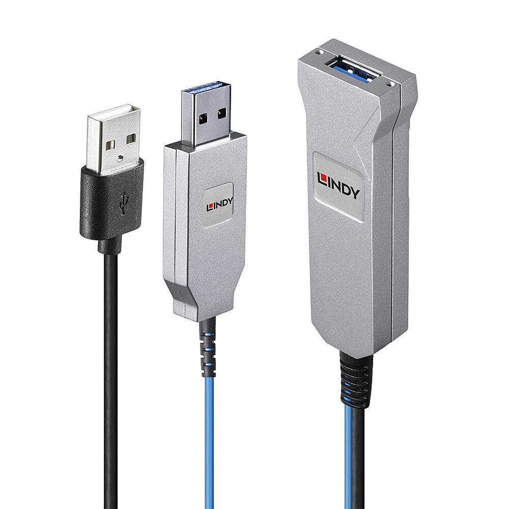 Three USB cables of different types and sizes, all with silver connectors and blue or black cables, from the brand 'Lindy'.