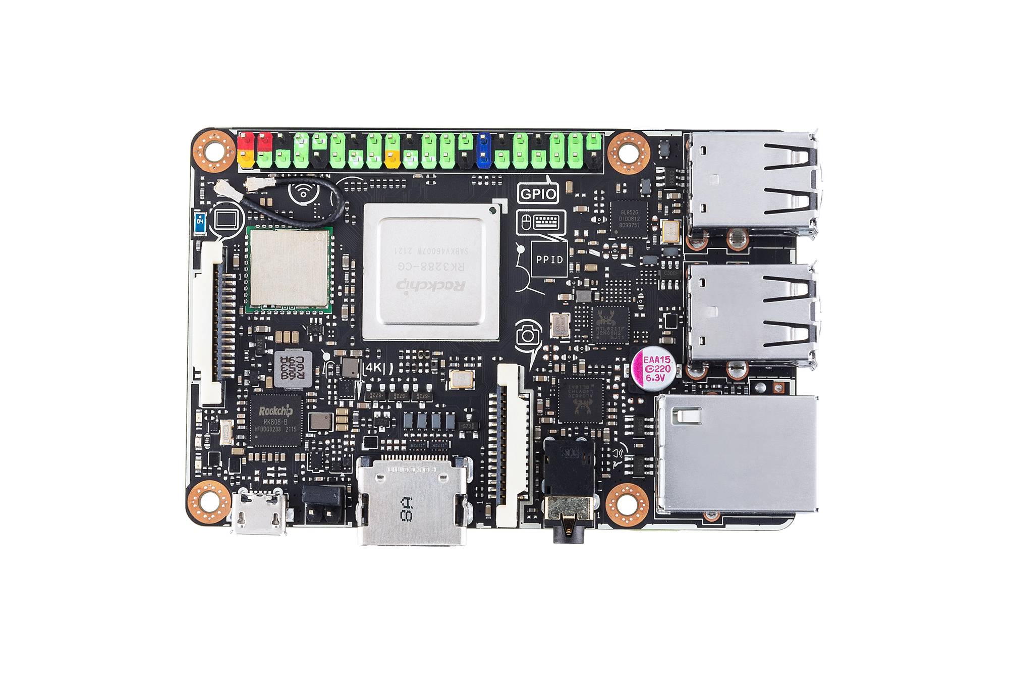 A single-board computer with various ports, including USB ports and GPIO pins, is shown from above.