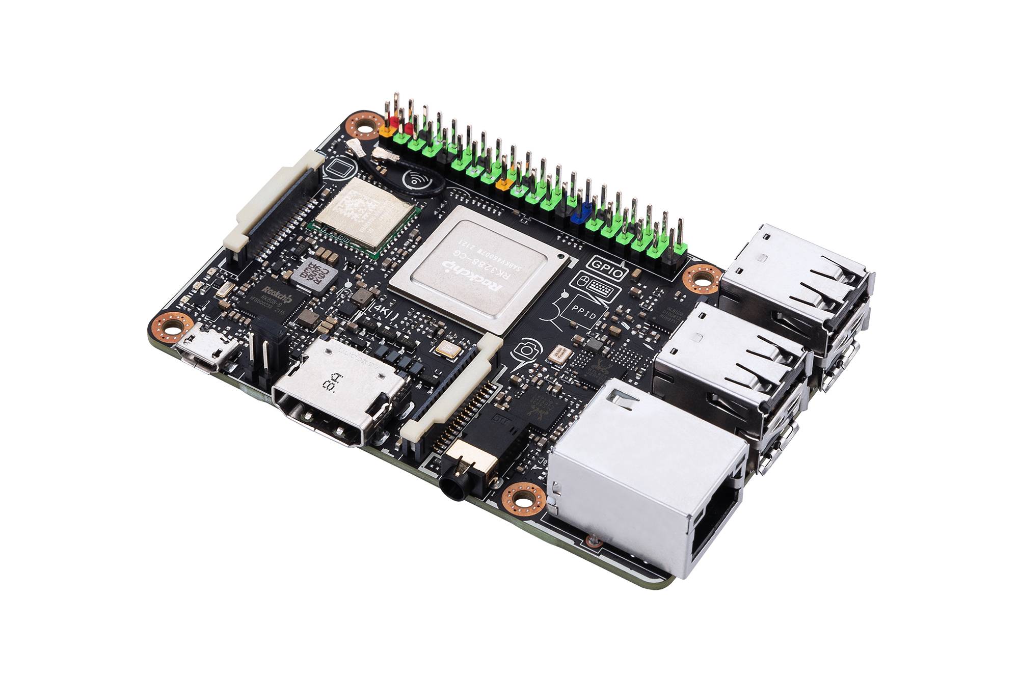 A single-board computer with multiple ports, including USB ports, network connection, and HDMI, on a white background.