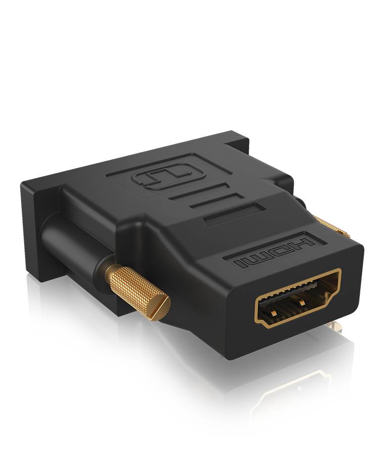 A black adapter with an HDMI port and gold-coloured screws, potentially designed for connecting displays or devices.