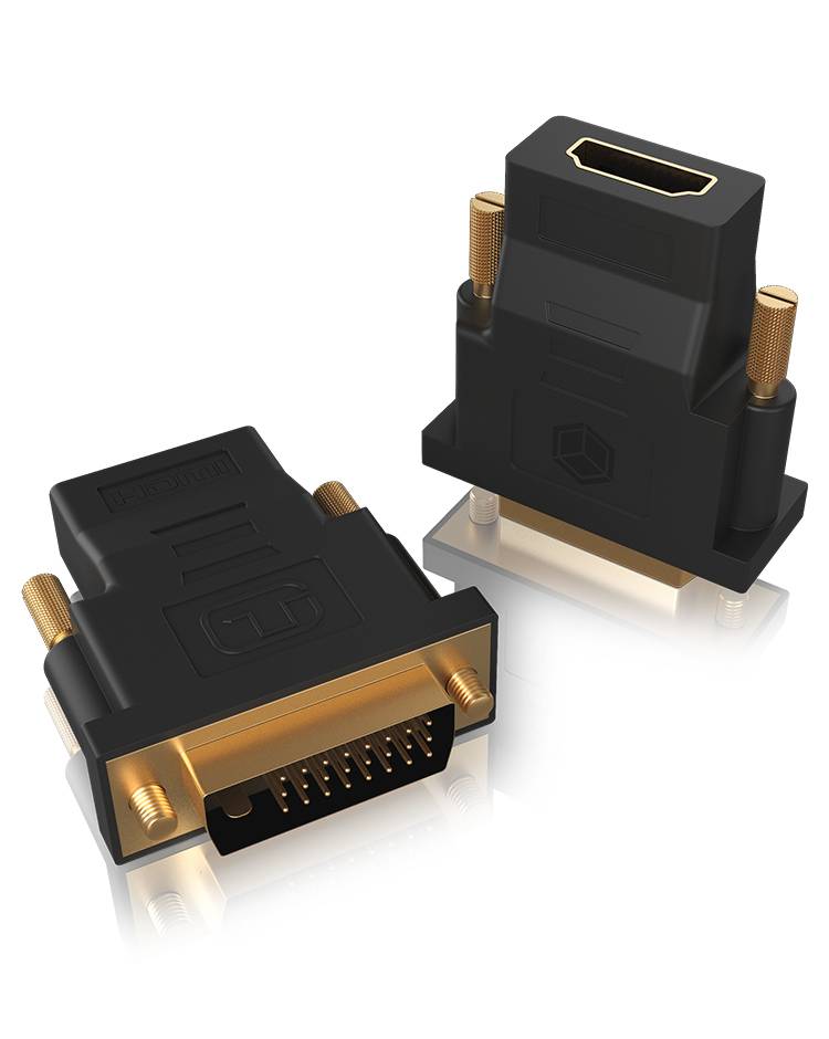 Two black adapters with gold-plated connectors. One shows the HDMI port at the top, the other the DVI port at the front. They are placed on a reflective surface.