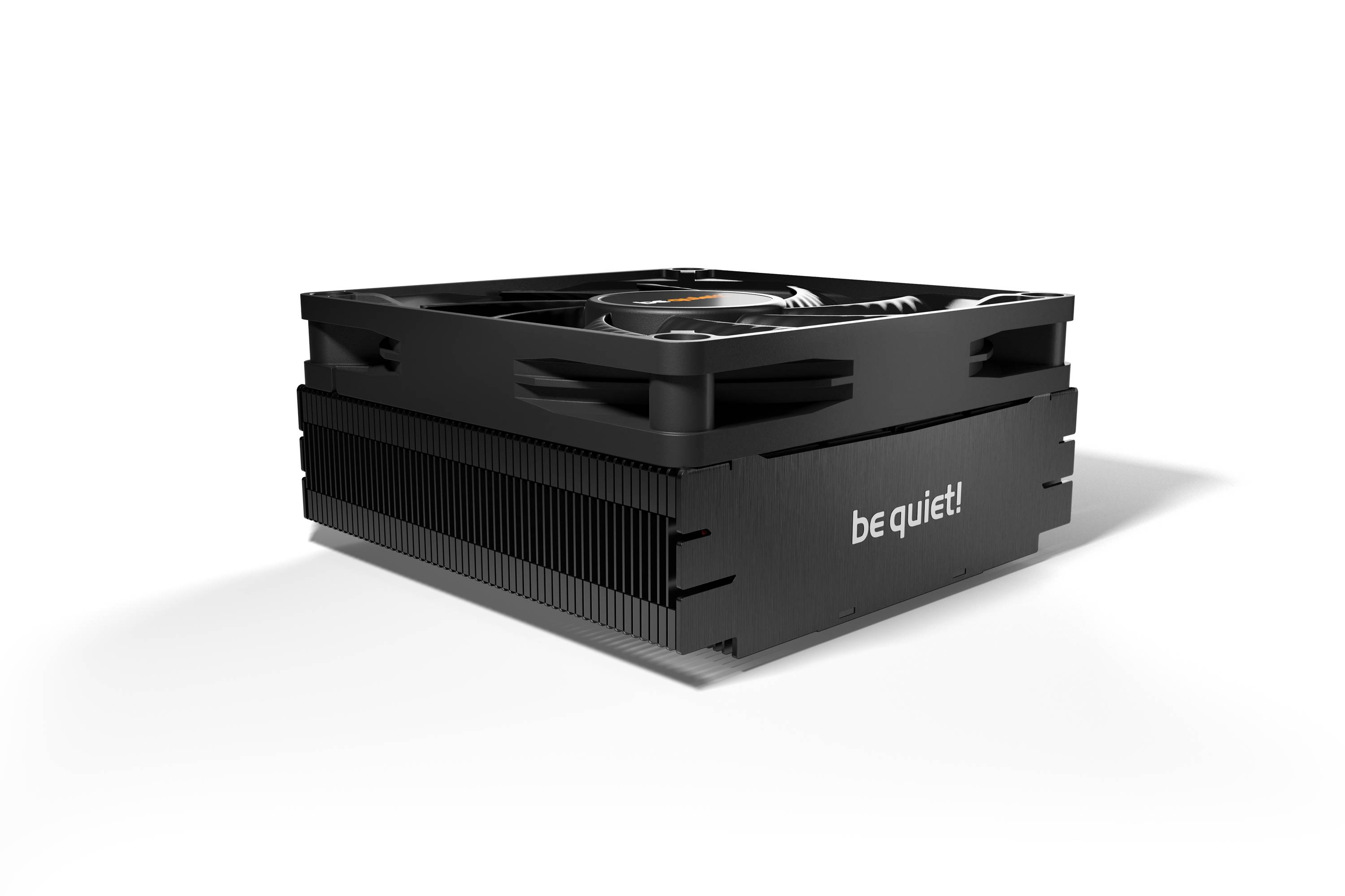 A black CPU cooler with 'be quiet!' written on the side, displaying its fins for heat dissipation and an upper fan.