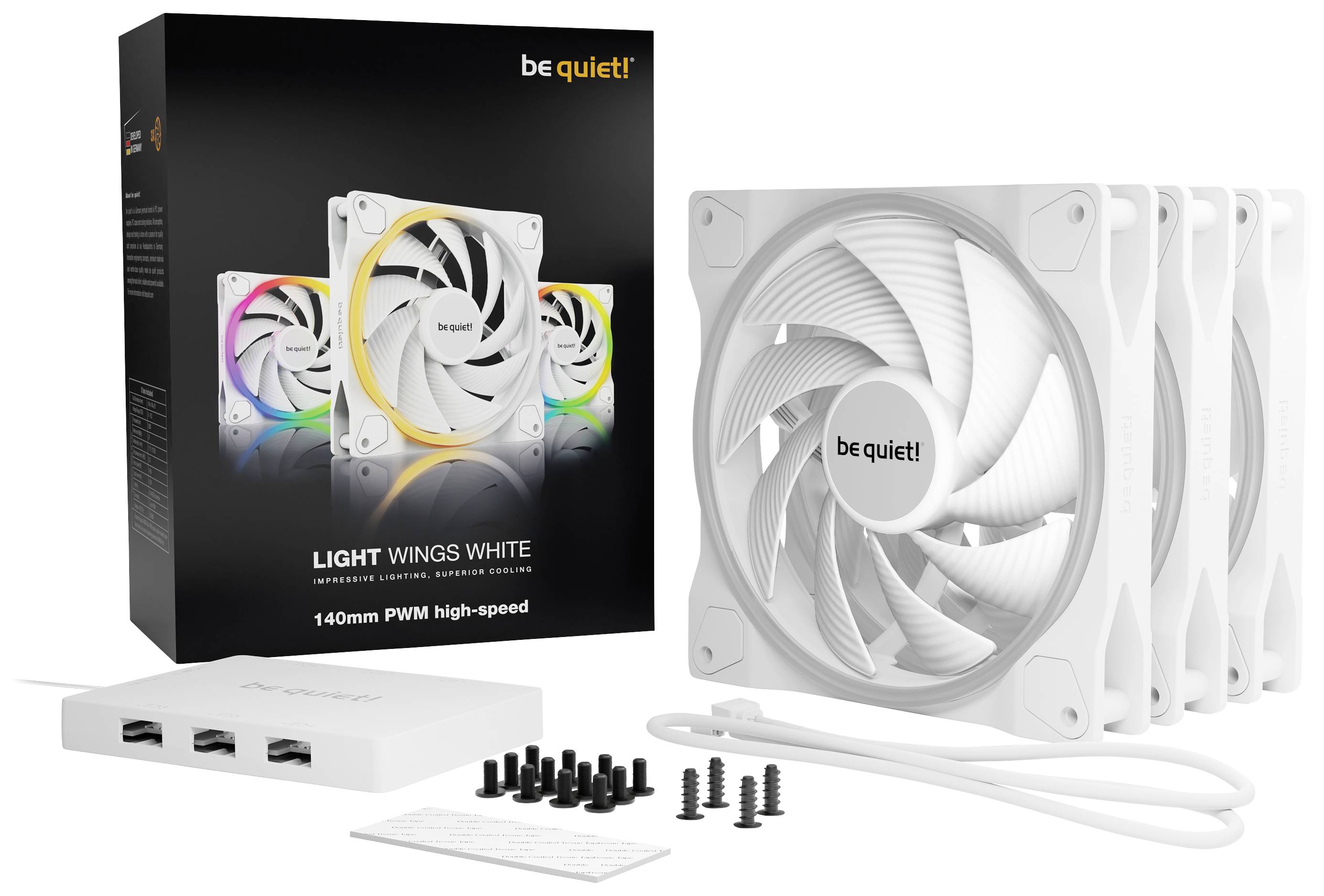 Four white PC fans with accessories and packaging from the brand 'be quiet!'.