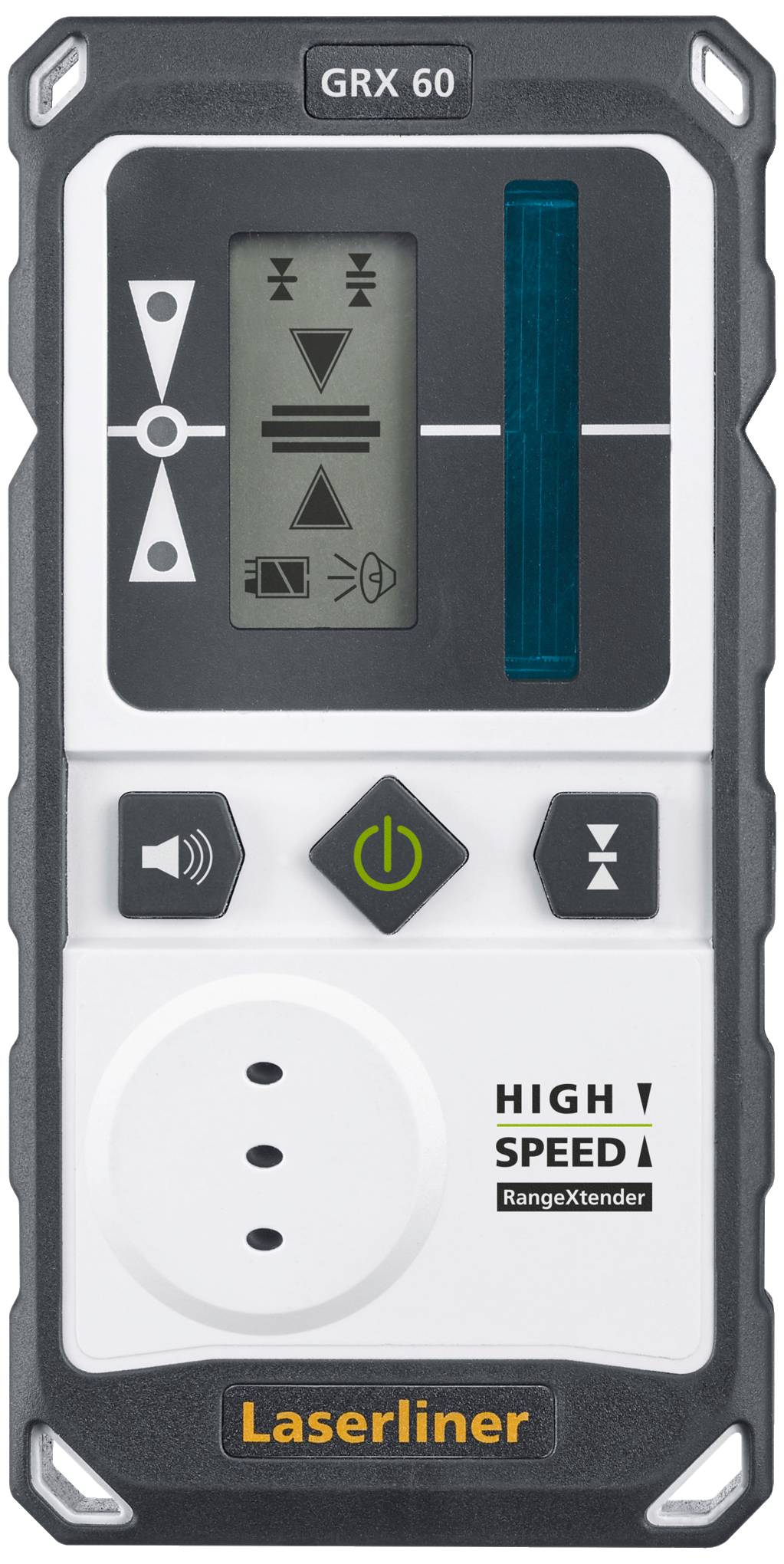 Handheld device with a digital display and various symbols. Buttons for volume, power on/off and a sliding control. Brand 'Laserliner'.