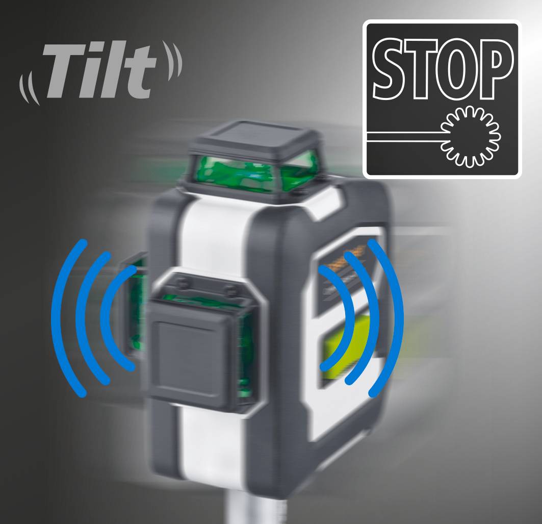 Automatic stop sensor with tilt protection indicates activity through blue wavy lines. The 'STOP' sign illustrates the function.
