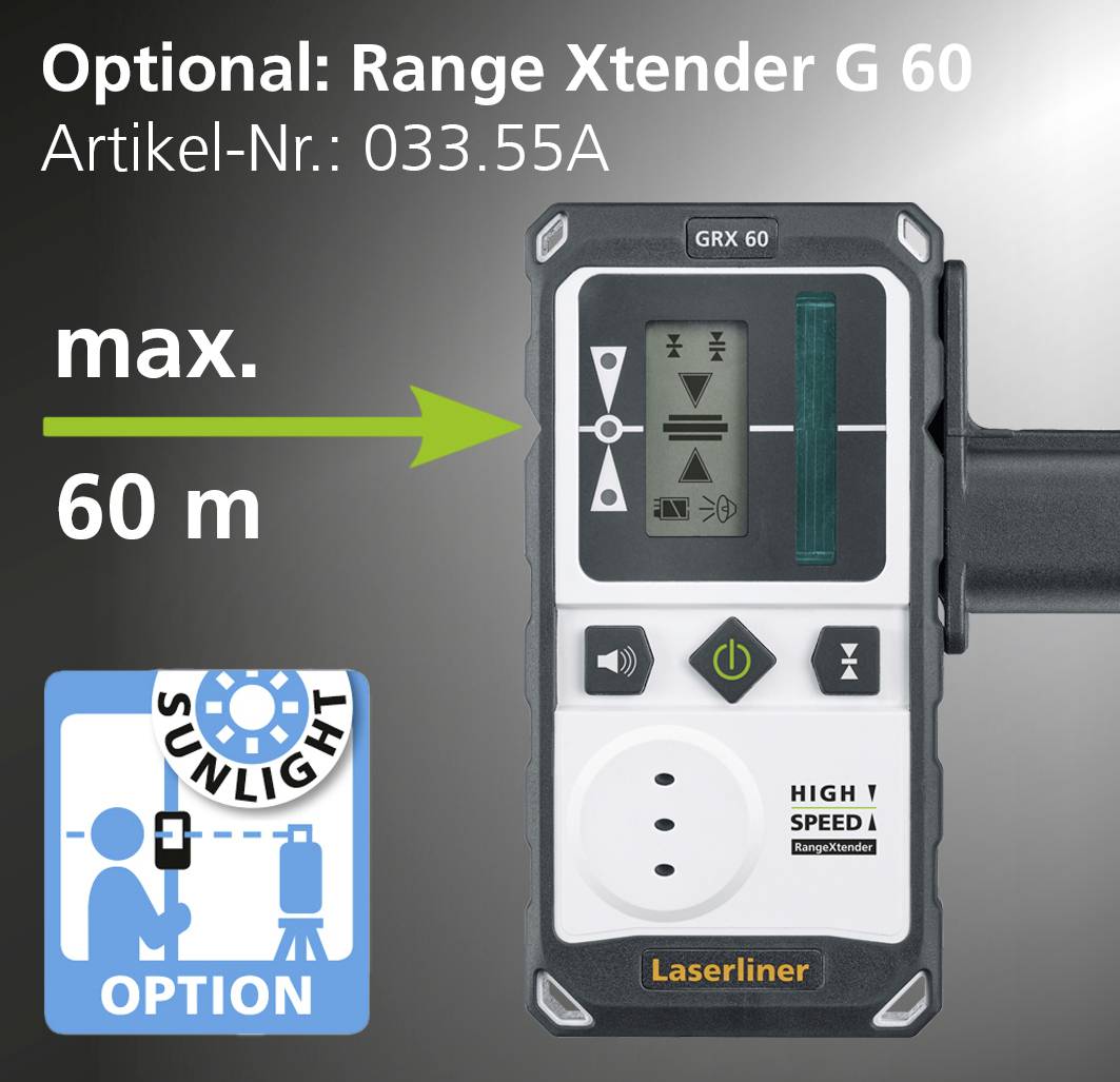 Optional Accessory: Range Xtender G 60 with Article Number 033.55A. Maximum Range 60 m. Sunlight Option for Improved Readability in Bright Sunlight.