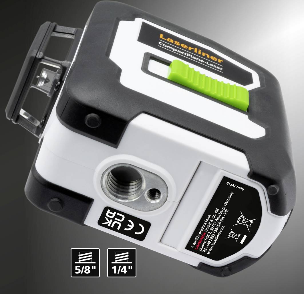 'Laserliner CompactPlane-Laser' on a grey background. Device in black and white with a green switch. Text below: '5/8