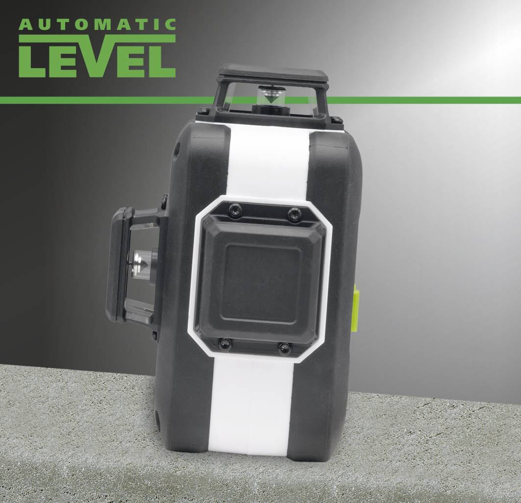 Spirit level with 'Automatic Level' label, lying horizontally with a green stripe. Primary function: precise measurement.