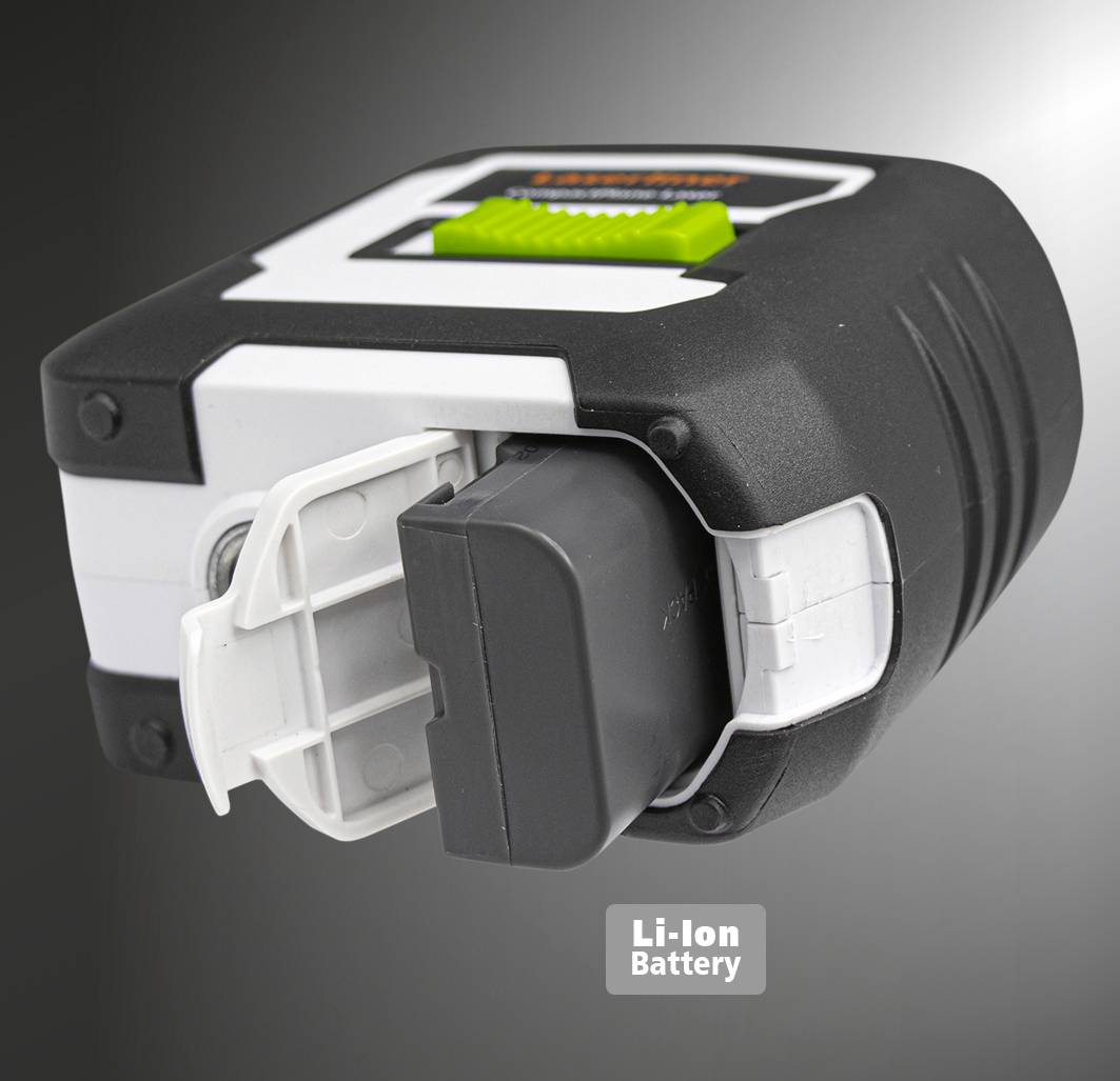 A black and white device with a green button and a removable lithium-ion battery is shown against a grey background.