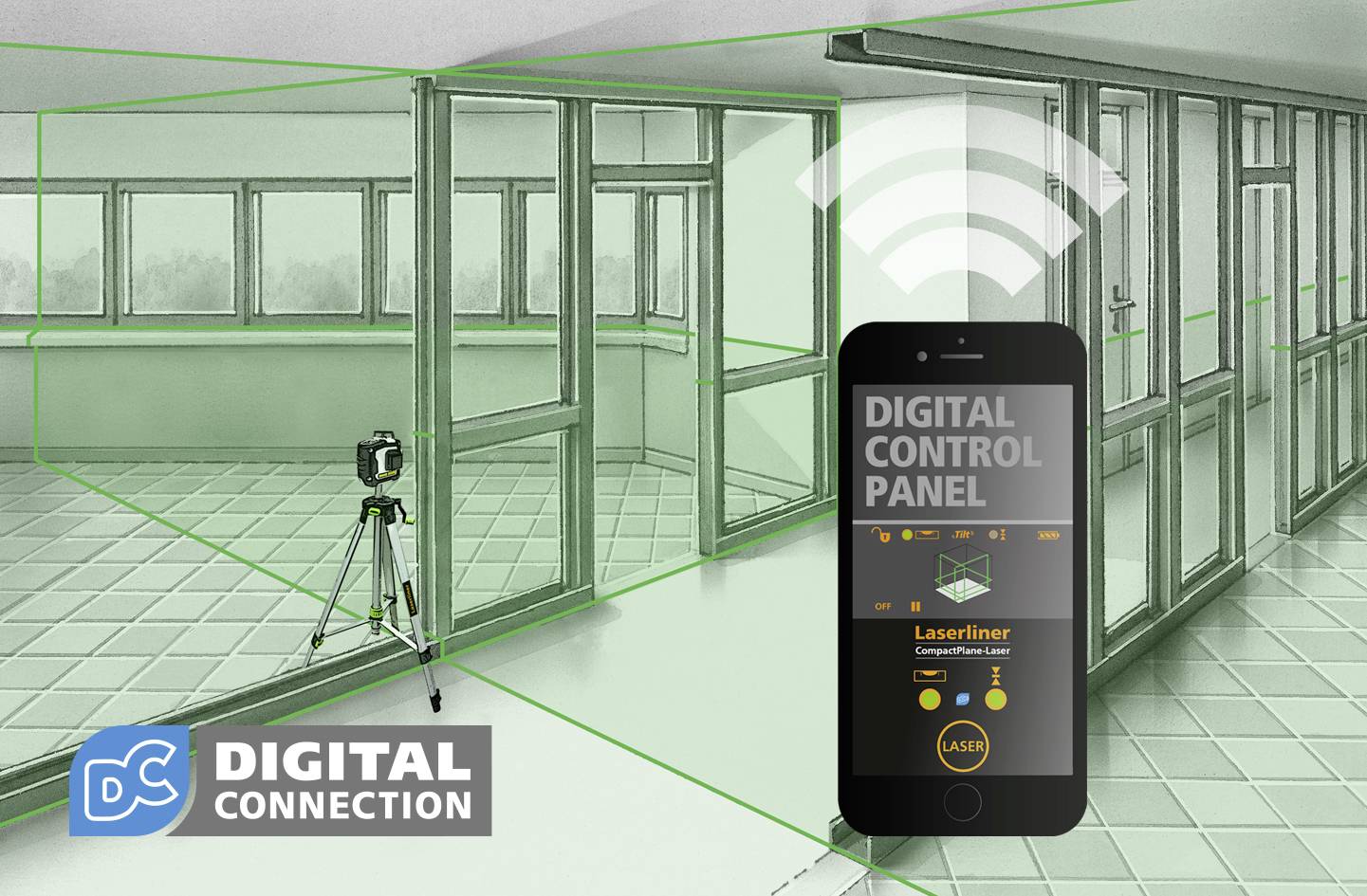 Laser distance meter in a room, connected to a smartphone displaying the 'Digital Control Panel' app.