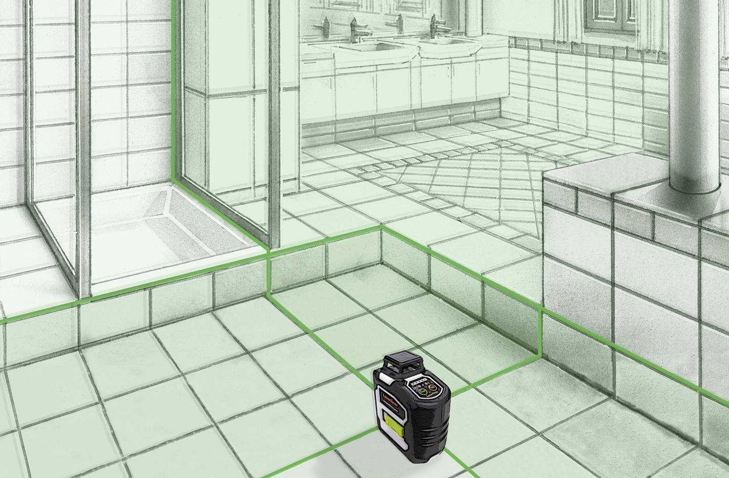 A laser levelling device projects green lines onto tiles in a bathroom to ensure straight lines and angles for renovation work.