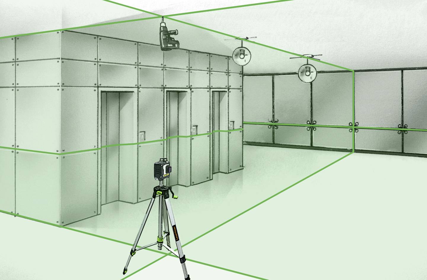 A camera on a tripod in an empty, industrial space with a ventilation system. The scene conveys surveillance and technology.