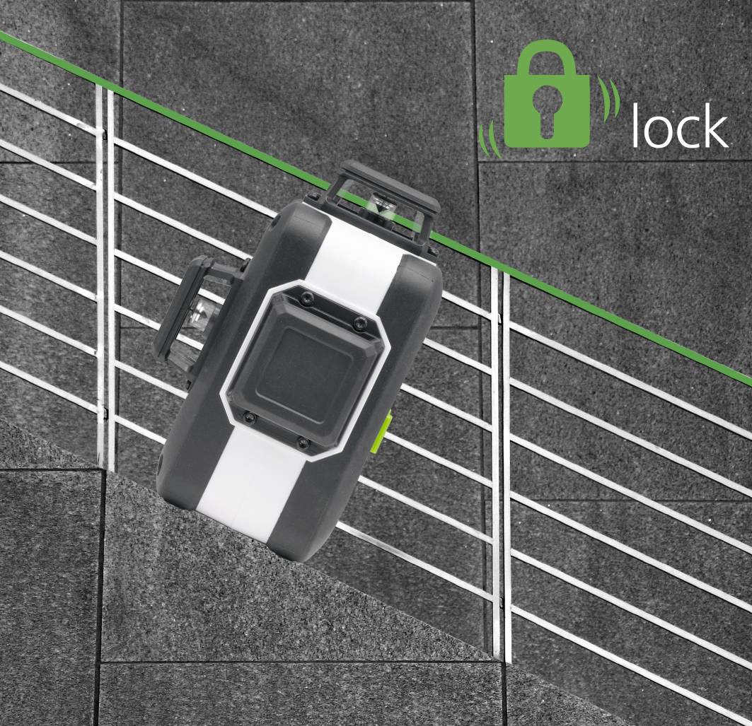 A black device with a white stripe is attached to a railing. Top right, there is a symbol of a green padlock with the word 'lock'.