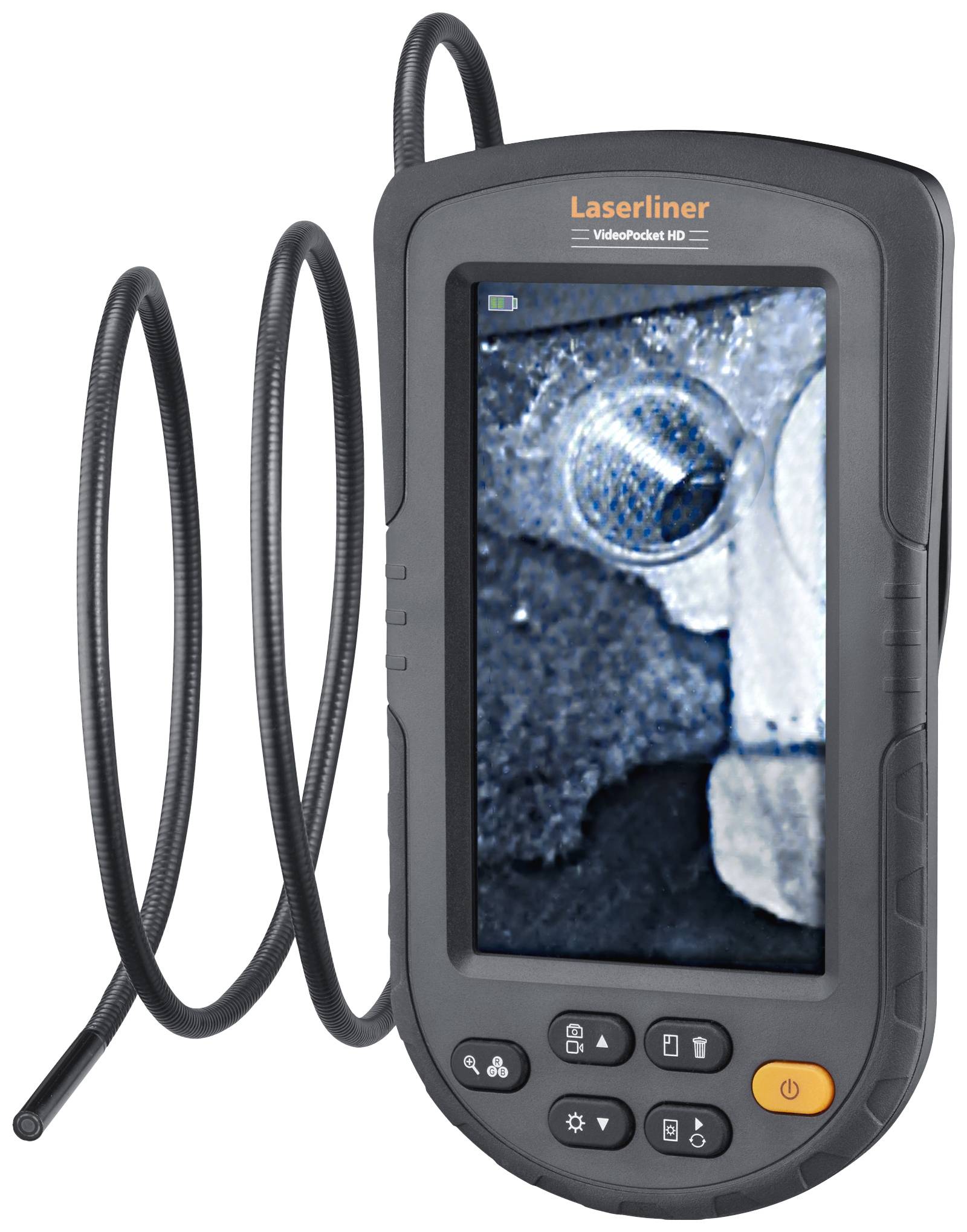 A portable endoscope displays a close-up image of a metal object on the screen. The cable is coiled and flexible.
