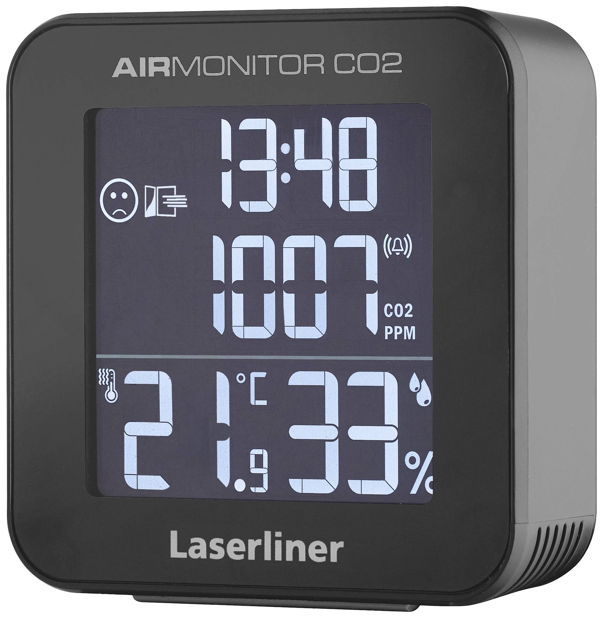 Digital CO2 monitor displaying time (13:48), CO2 concentration (1007 ppm), temperature (21°C) and humidity (33%).