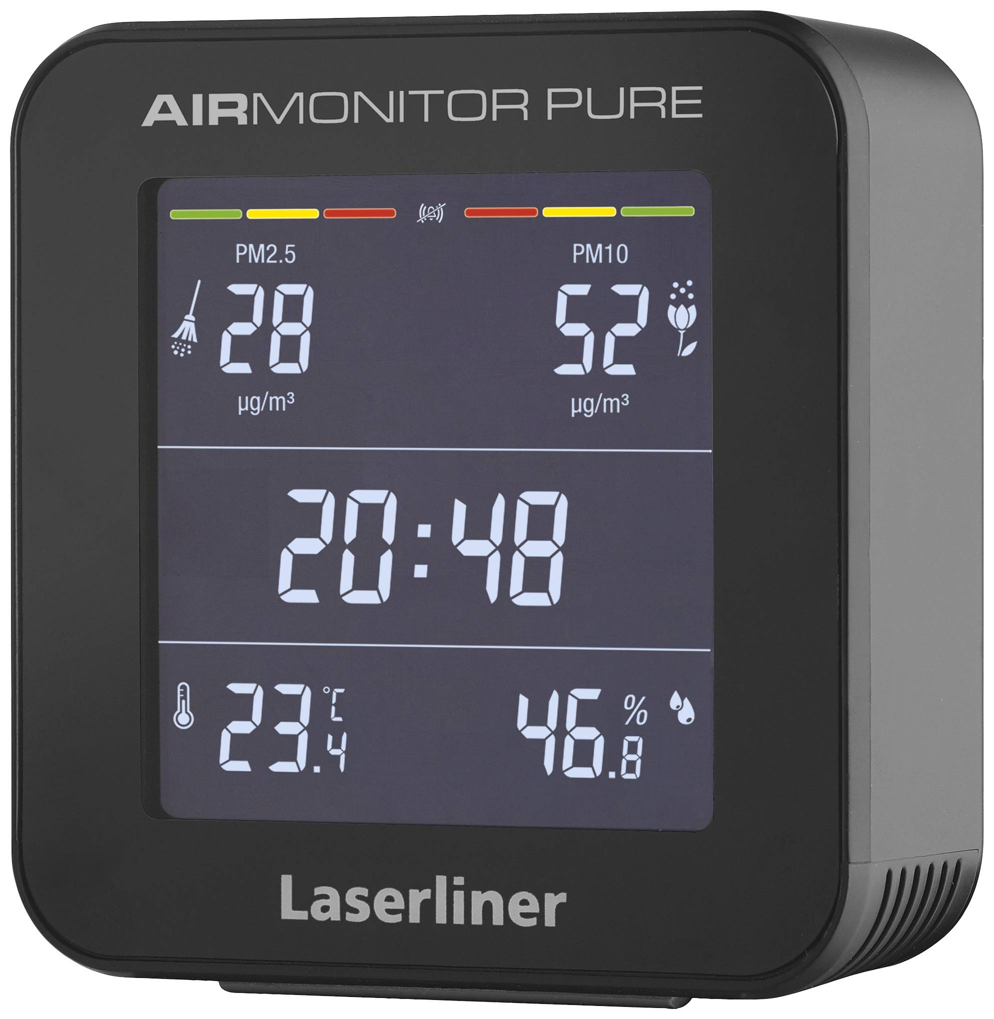 Air quality monitor shows PM2.5 level of 28 µg/m³, PM10 level of 52 µg/m³, time 20:48, temperature 23.1 °C and humidity 46.8%.