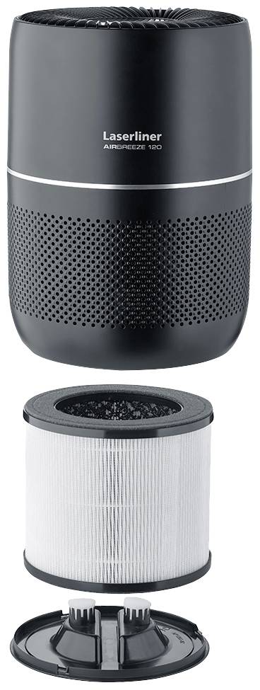 Air purifier in black, with a visible internal filter. The filter is cylindrical and designed to improve air quality.