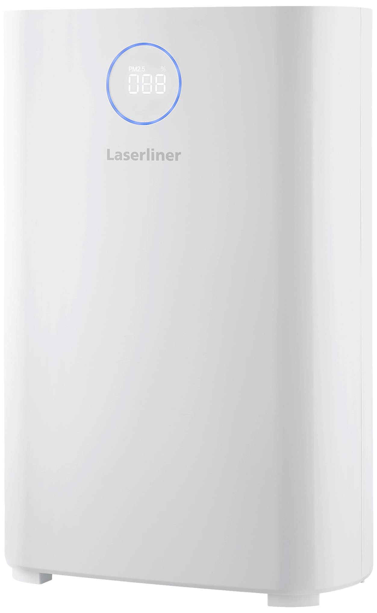 A white air purifier with a digital display on the front. The device has a smooth, modern surface.
