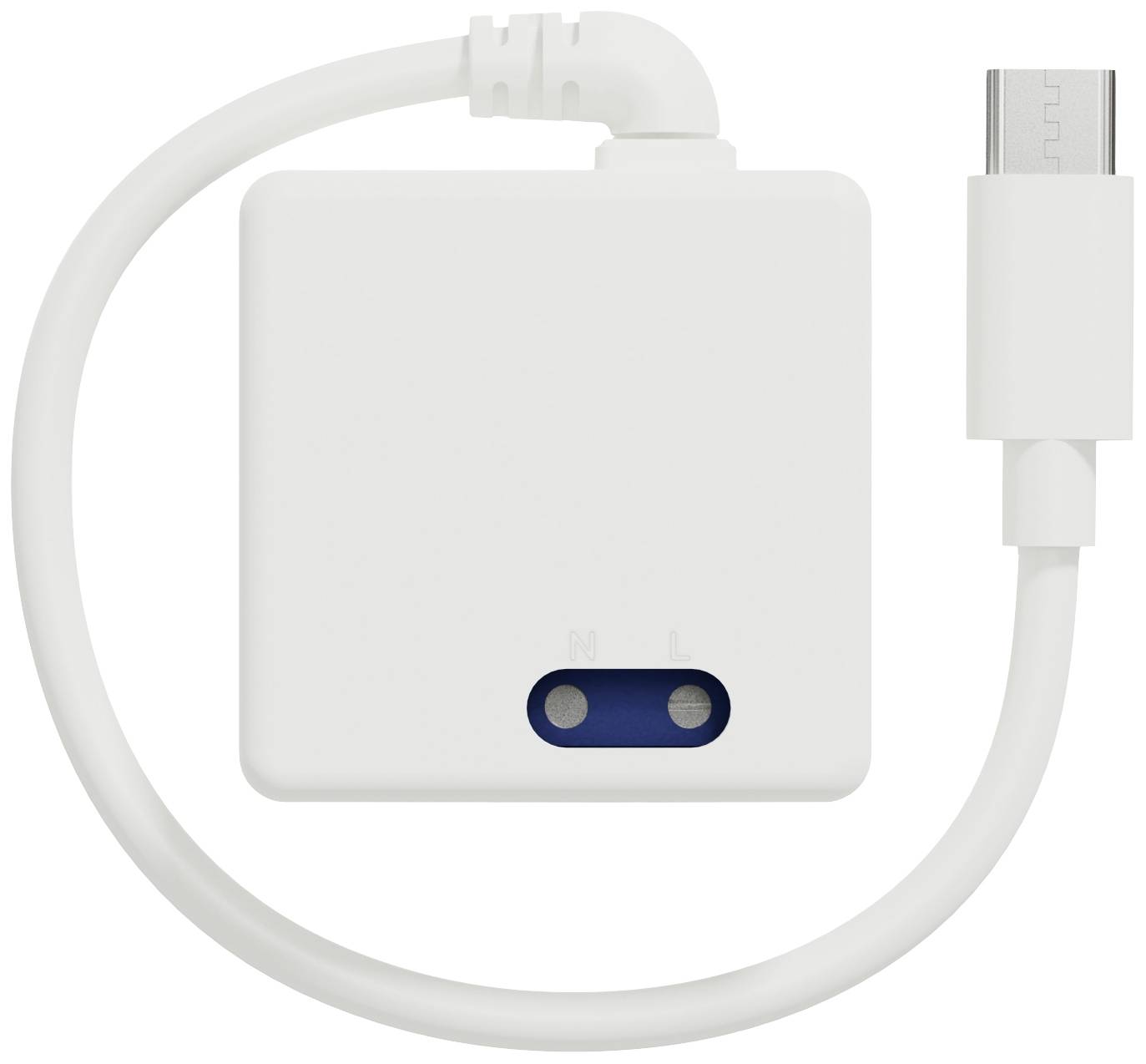 A white adapter with a USB-C port and two blue sockets, marked with 'H' and 'L', on a light background.