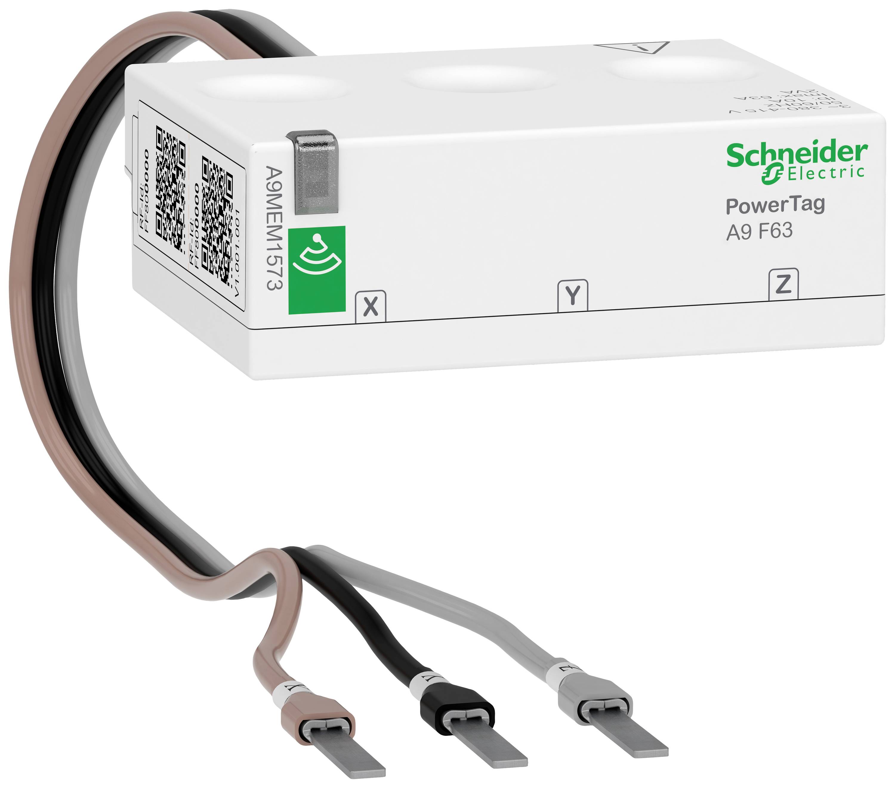 Schneider Electric PowerTag A9 F63 Sensor with three coloured cables. Used for wireless energy monitoring.