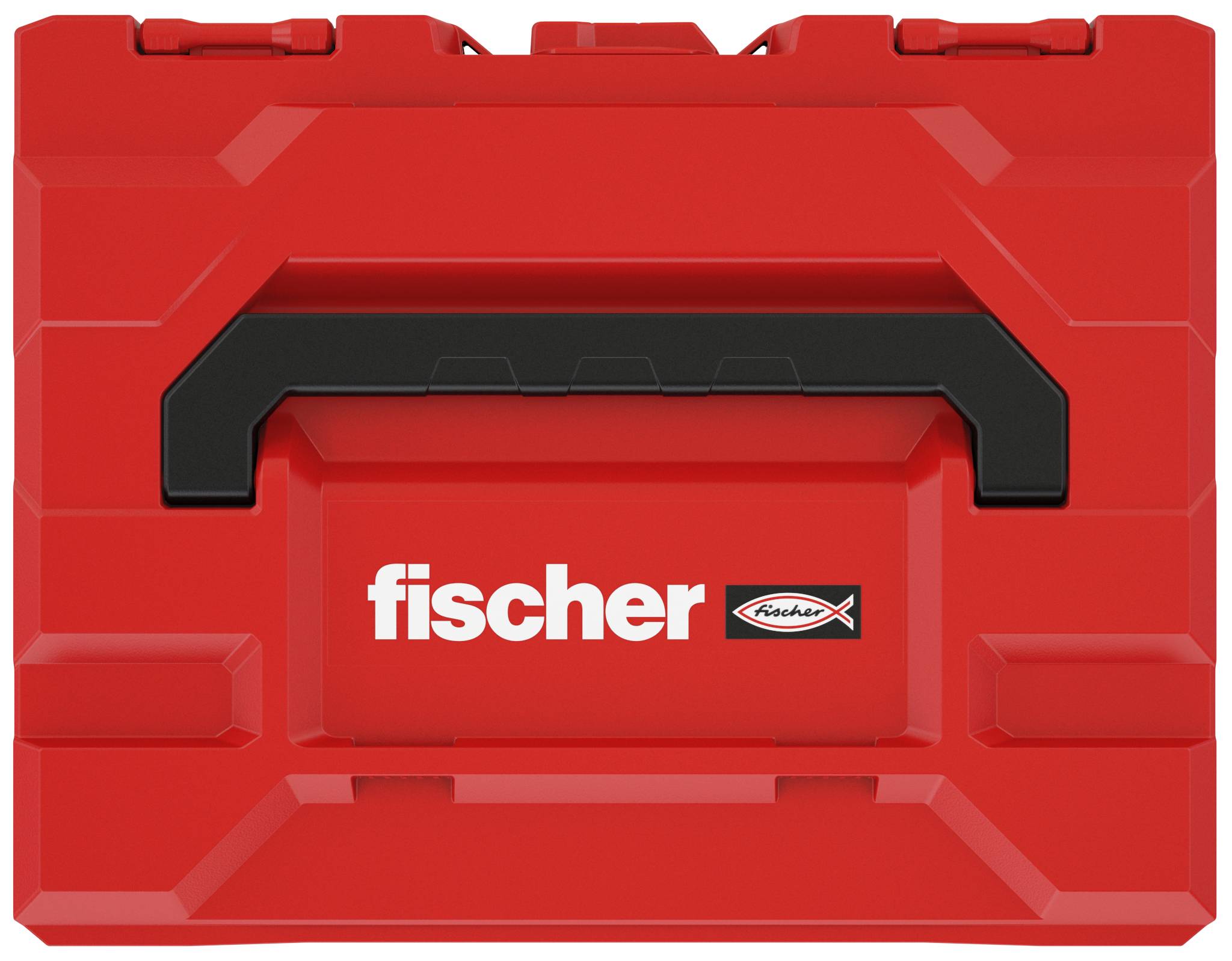 A red toolbox with the white 'fischer' lettering on top. The box is rectangular and features a black handle.