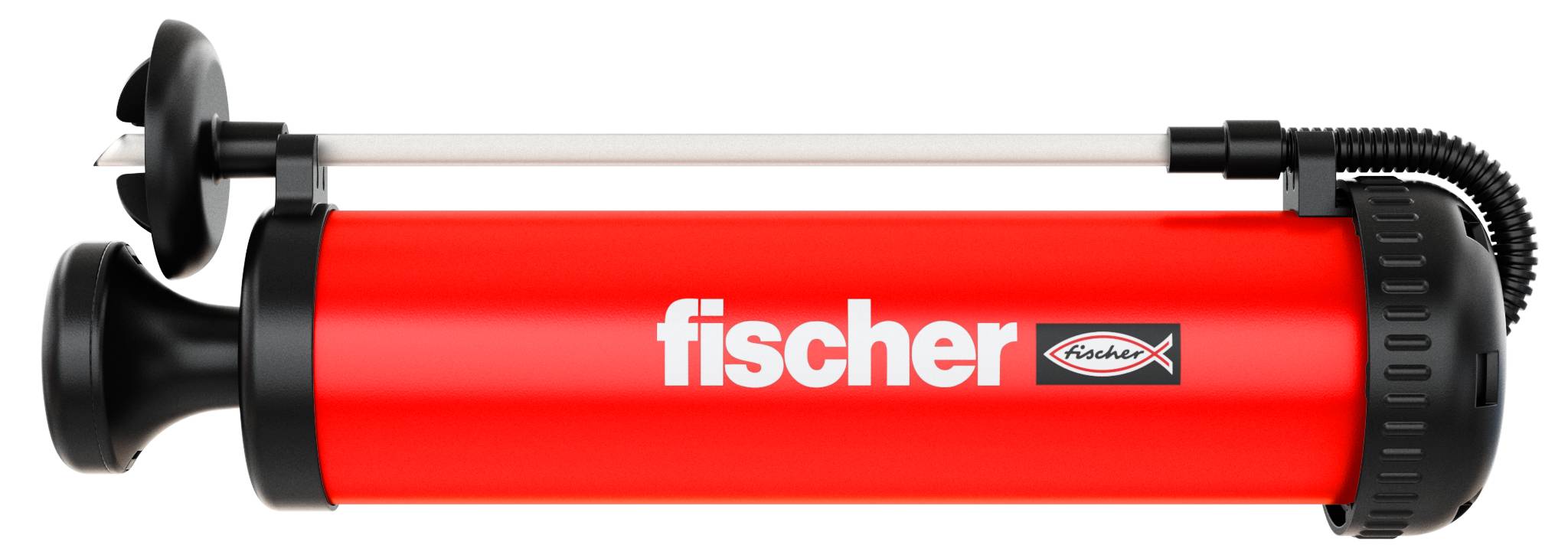 Red bicycle pump with the 'fischer' inscription.