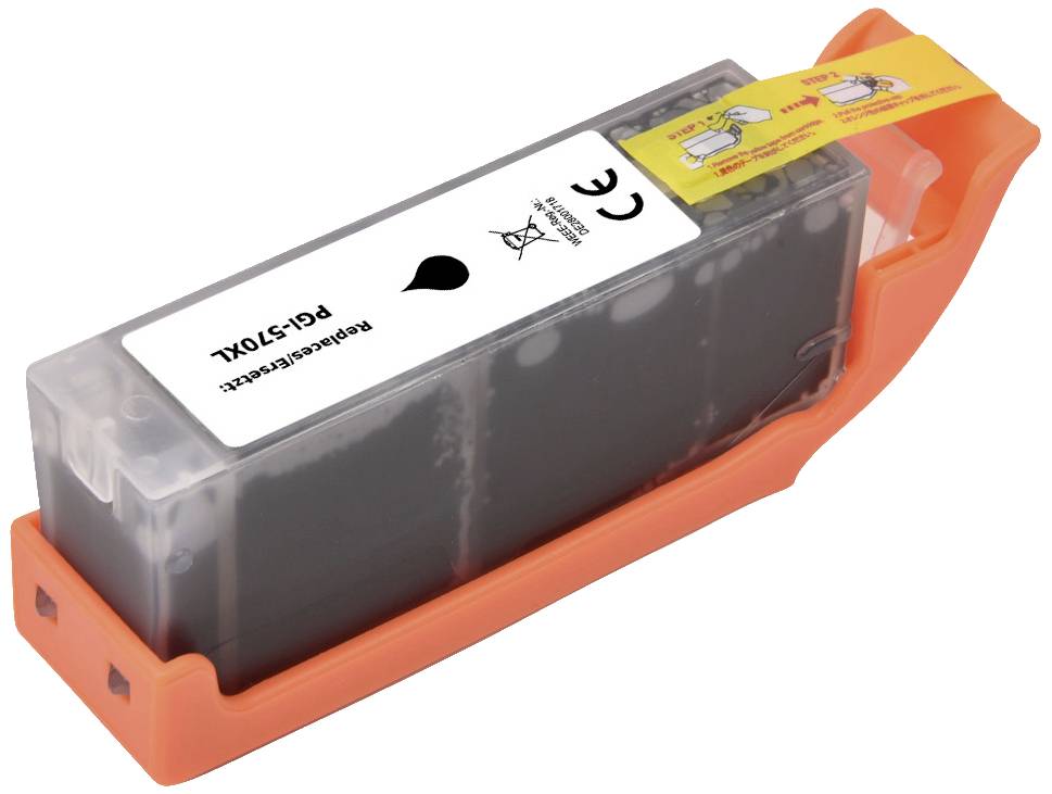 Black printer cartridge with an orange holder and label displaying usage instructions.
