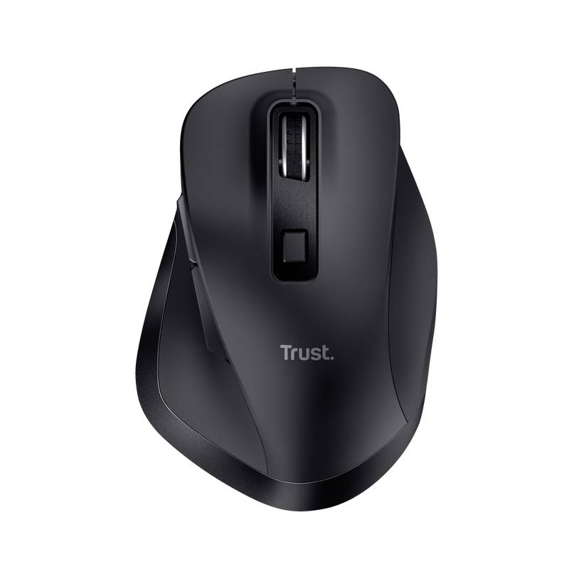 A black, wireless computer mouse with a scroll wheel and the inscription 'Trust'.