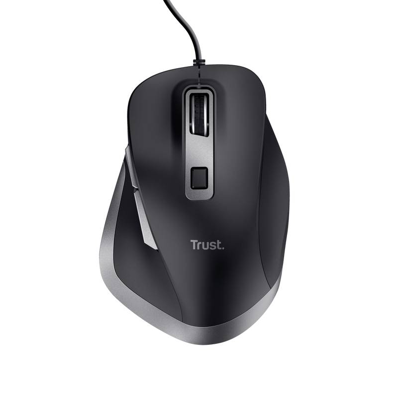 Black computer mouse with cable, ergonomic design, two main buttons and a scroll wheel in the centre.