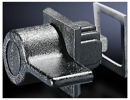 A black metal padlock with a lever for locking doors or cupboards, on a dark grey background.