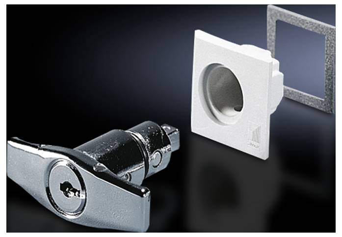 Lock with turn handle and square white cover. Suitable for furniture locks or electrical control panels.