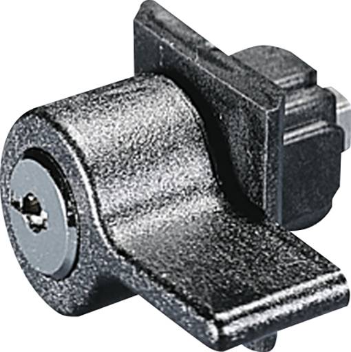 A black mechanical padlock with a rounded, rotatable shackle. It is used to secure devices or cabinets.