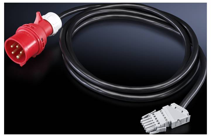 A black power cable with a red connector on the left side and a grey plug on the right side.