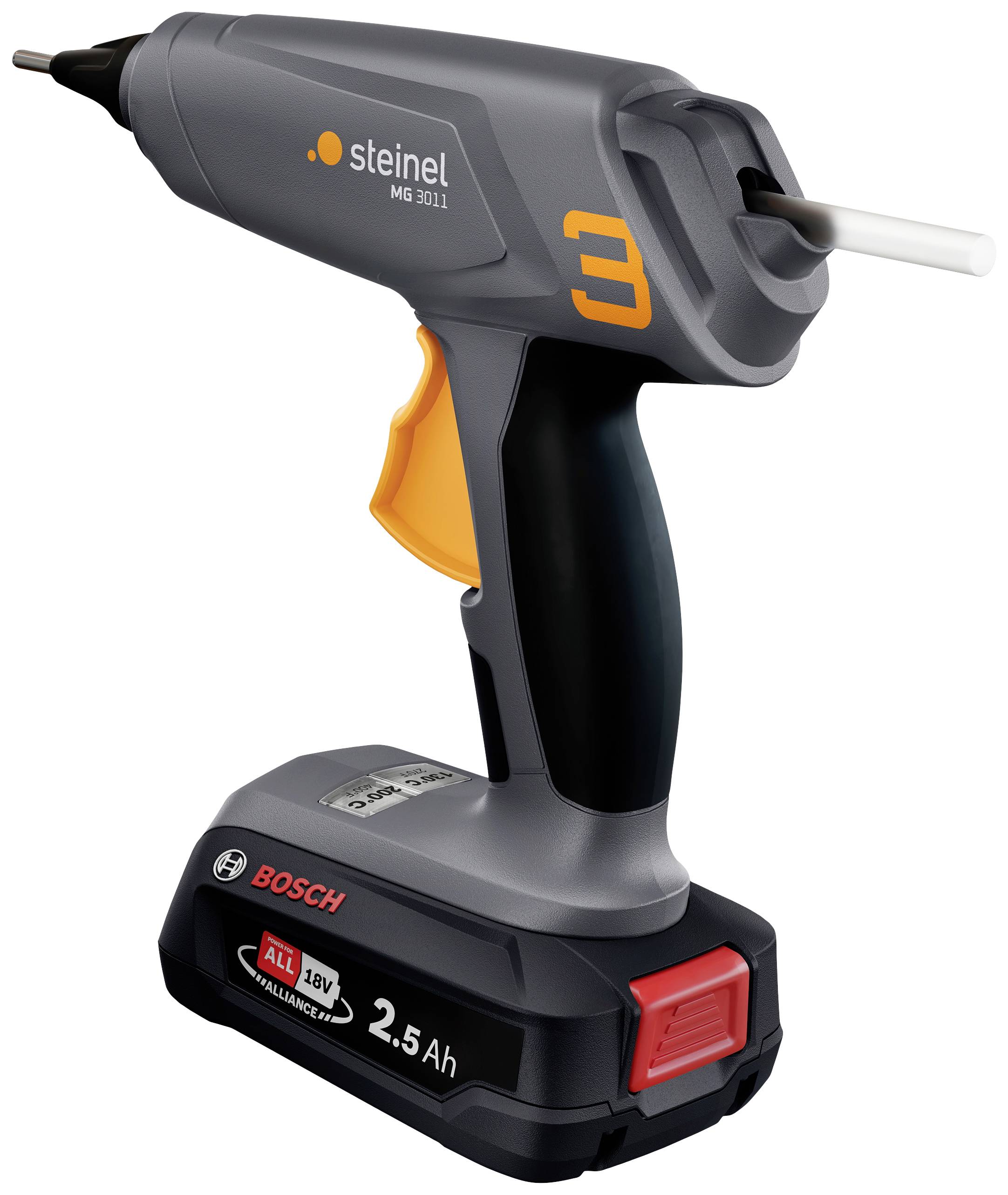 Cordless hot glue gun with ergonomic grip and 18V Bosch battery. Brand logo on the device, model 'Steinel NEO3'.