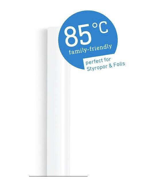 A white cylinder with a blue circle displays the text '85°C, family-friendly, perfect for Styrofoam & Foils'