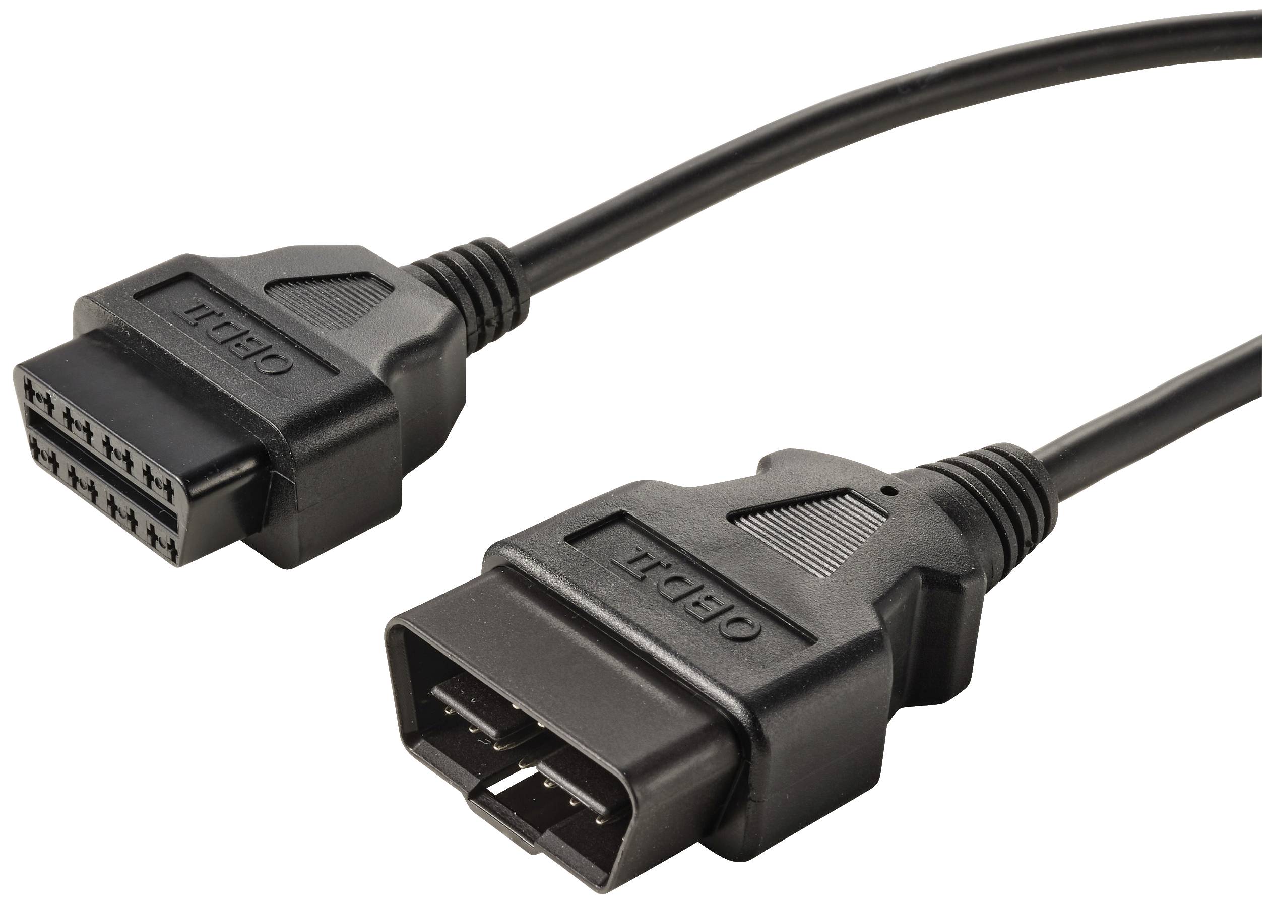 Two black OBD-II plugs with cables used for vehicle electronics diagnostics. They are positioned so that the pins are visible.