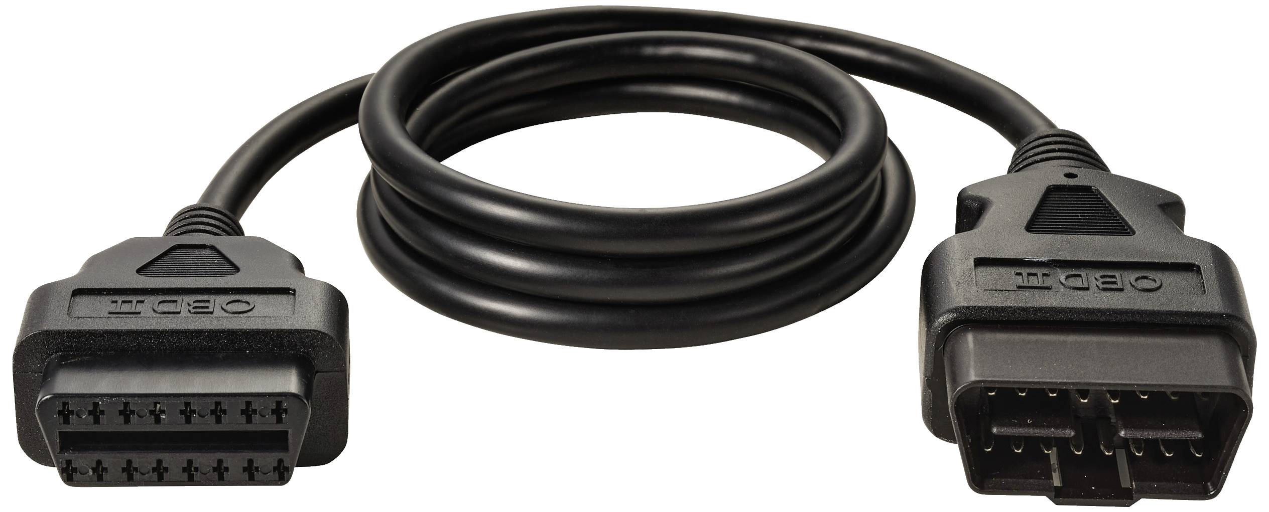 An OBD-II cable in black with two rectangular connectors at each end, used for vehicle diagnostics.