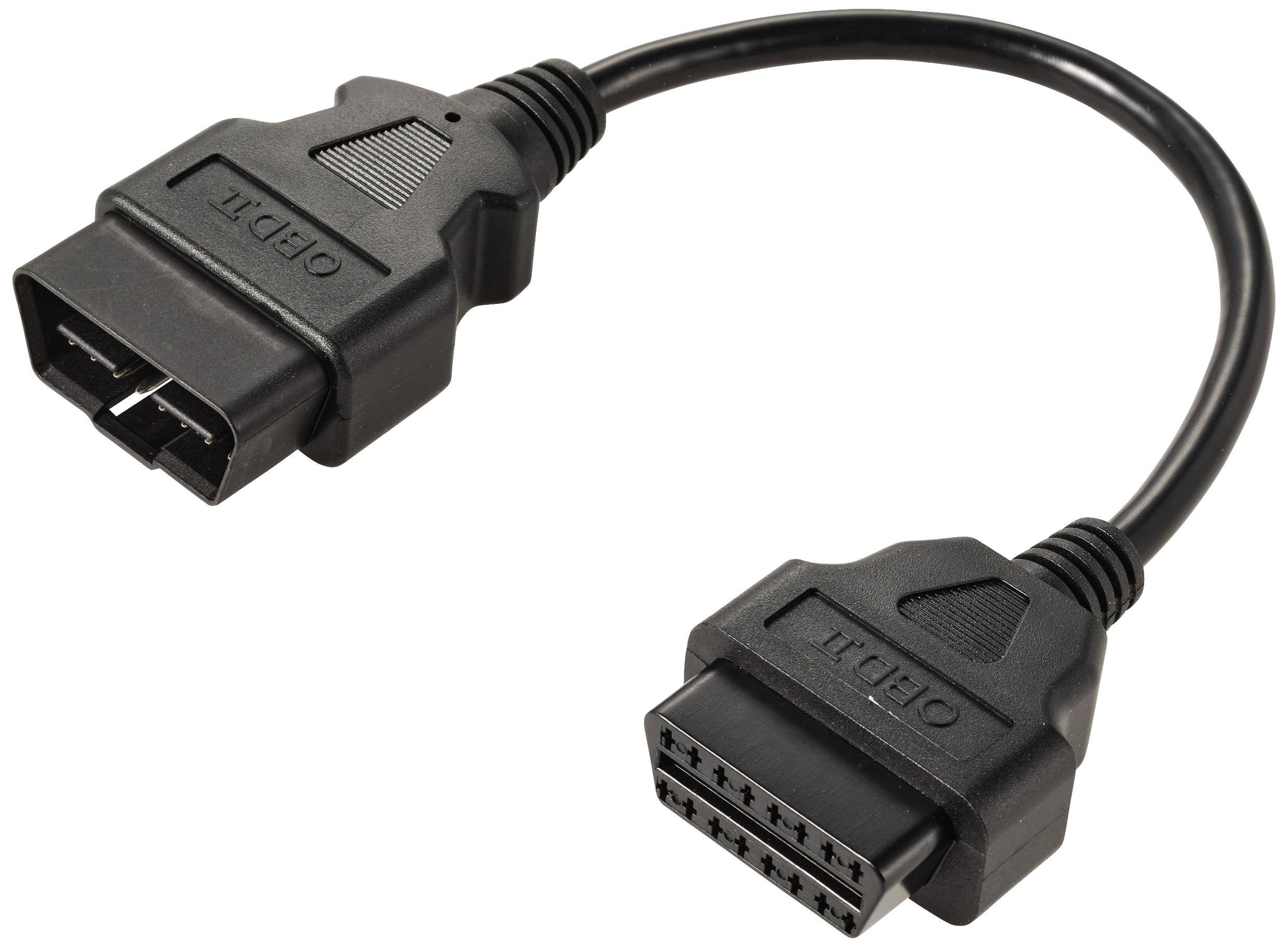 An OBD-II cable with two plugs, connected by a short, flexible cable, for reading vehicle diagnostic data.