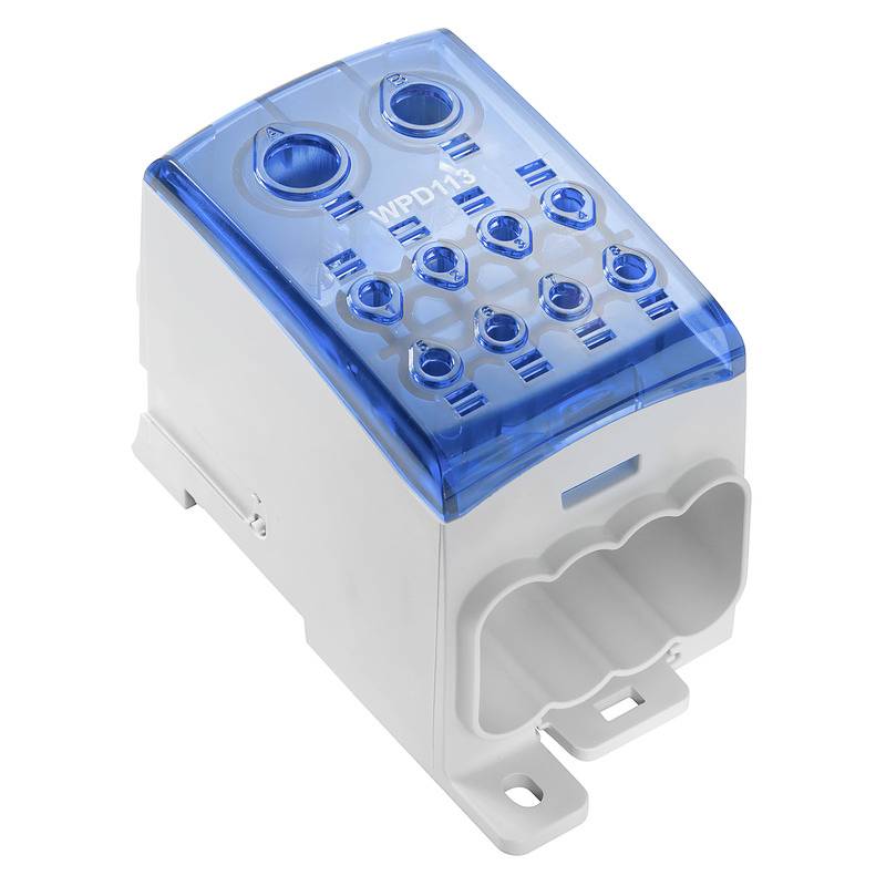 A white, rectangular electrical distribution block with a blue transparent cover, model number WPD 113, for cable connections.