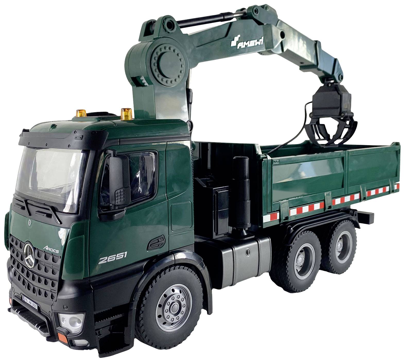 Green lorry with a crane mounted, suitable for construction work. The crane is installed at the rear of the vehicle.