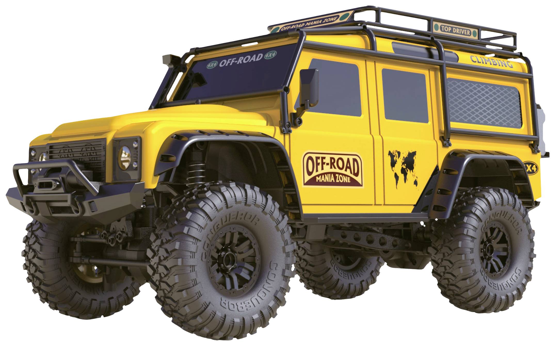 Yellow off-road SUV with large tyres and 'Off-Road Mania Zone' text, ready for extreme terrain.