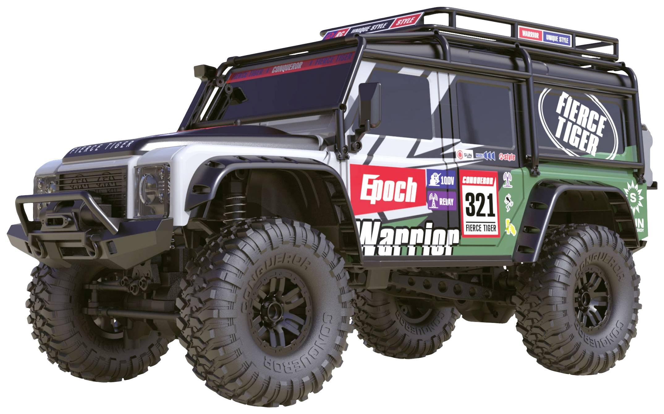 Model of an off-road remote-controlled car with stickers and large tyres that advertise robustness and a spirit of adventure.