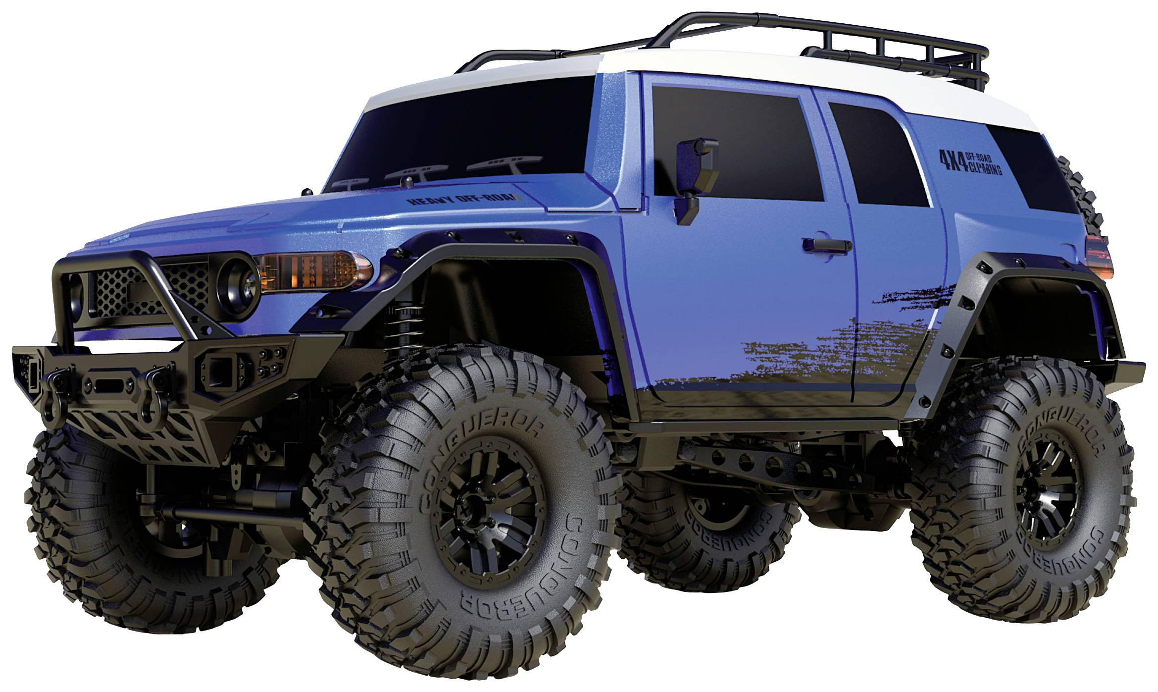 A blue off-road vehicle with a rugged aesthetic, featuring large tyres and a roof rack, displayed against a light background.