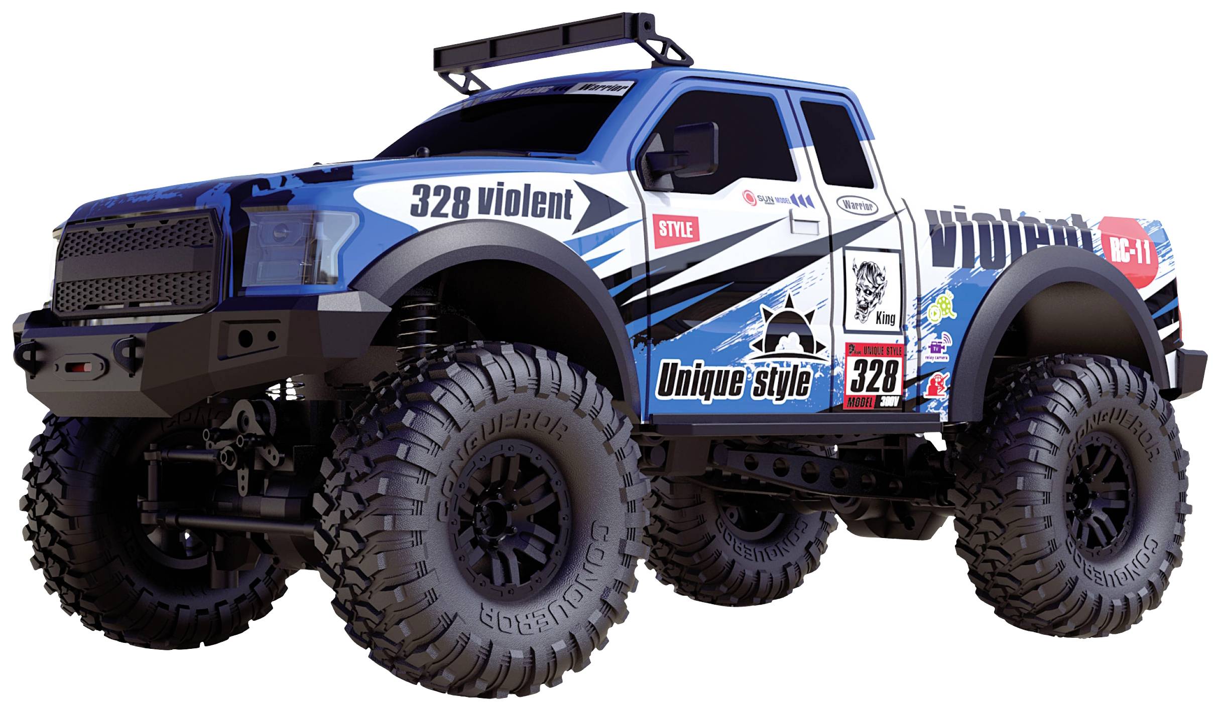 A blue monster truck with the inscription 'Unique style' and '328 violent' on the side. The truck has large tyres and a robust design.
