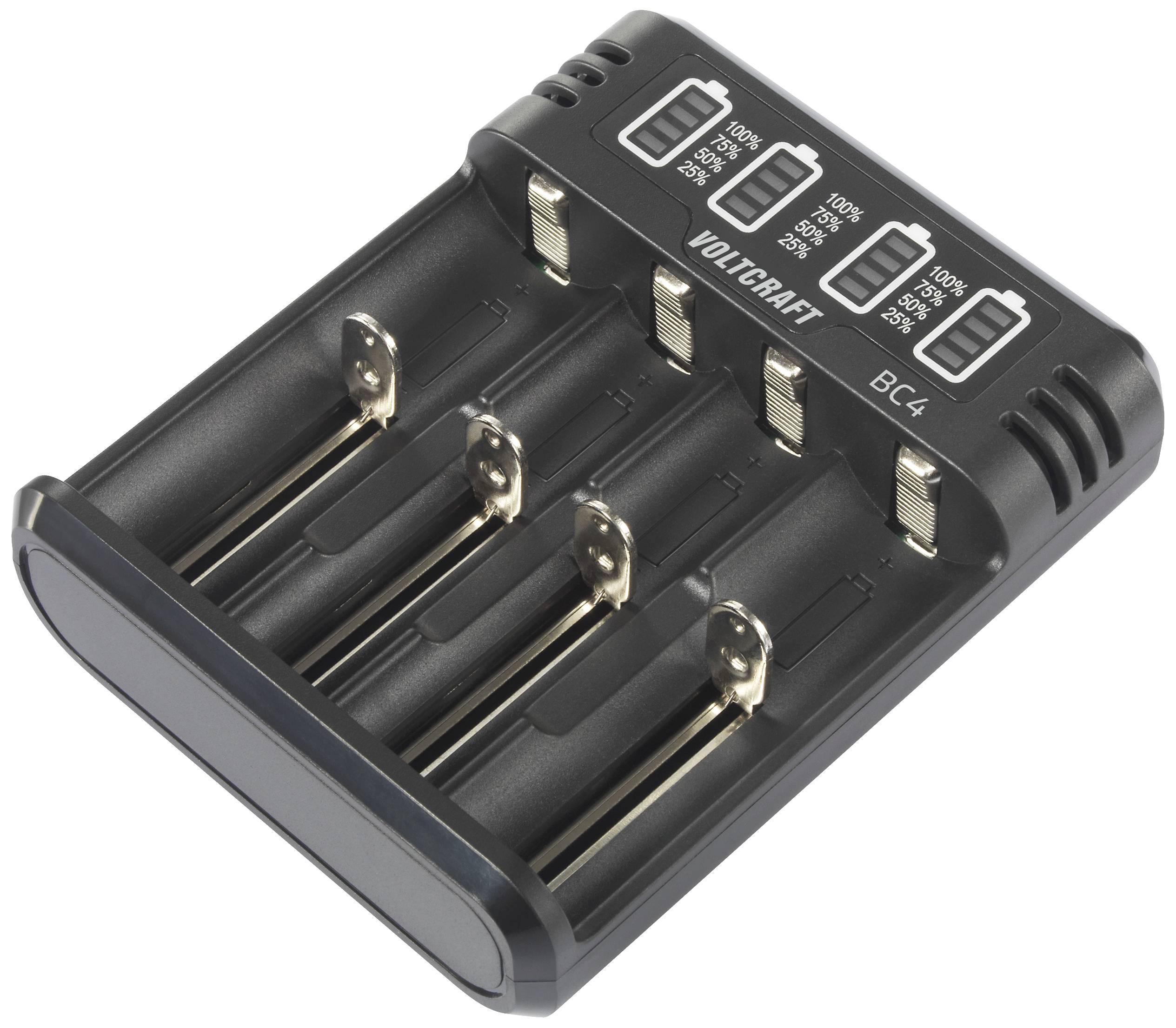 A battery charger for four AA or AAA batteries with LED indicators for charging status (25%, 50%, 75%, 100%).