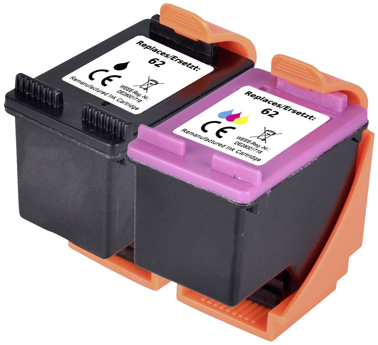 Two printer cartridges, one black and one colour, stand side by side in an orange holder, with labels on top.