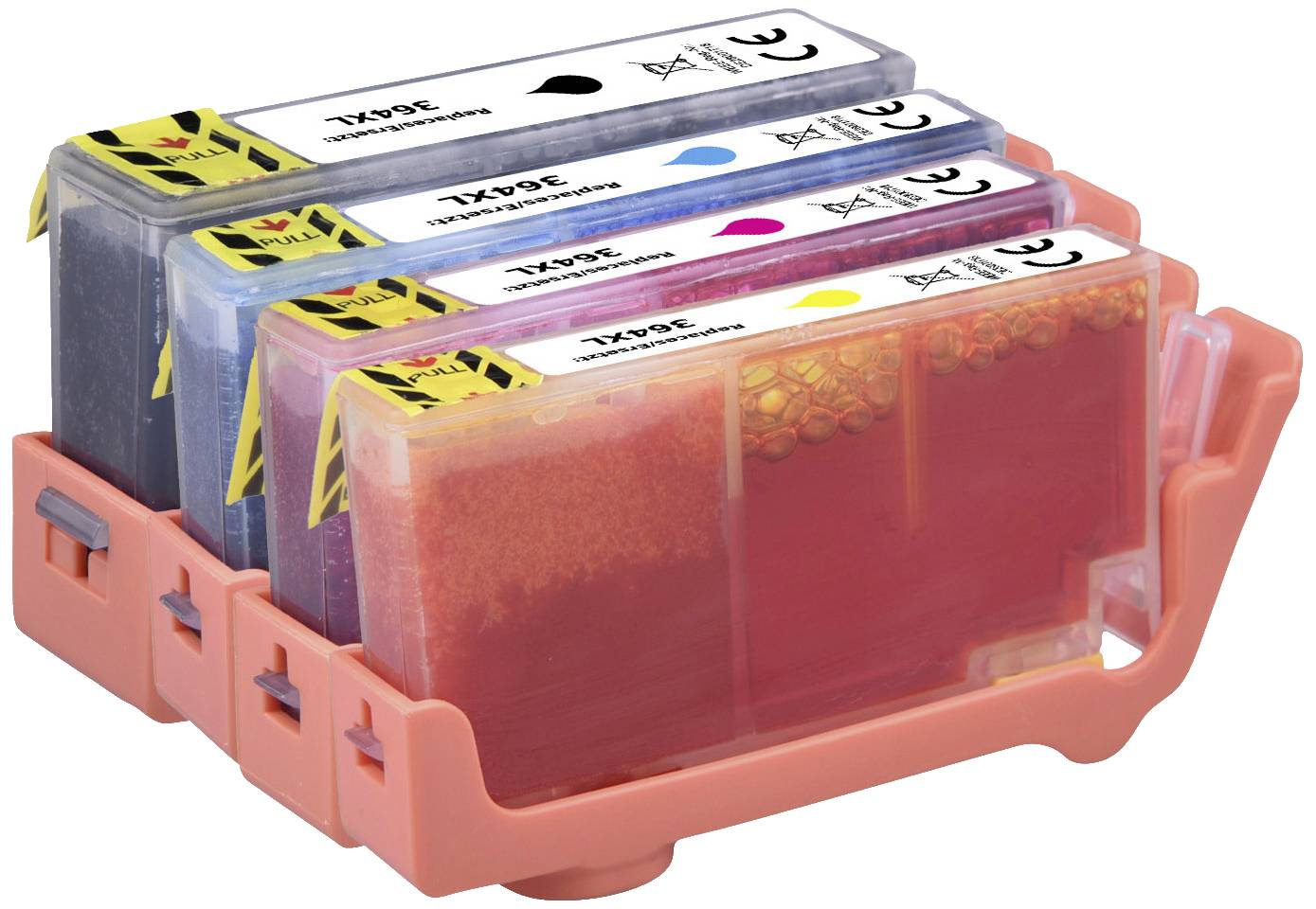 Four ink cartridges (Black, Magenta, Cyan, Yellow) in an orange holder, each with labels and fill level indicators visible.