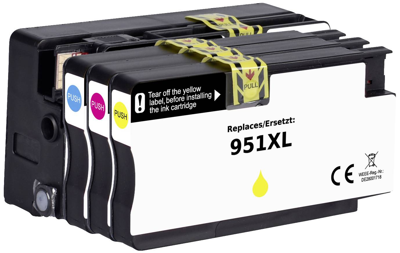 'Three printer cartridges in Black, Cyan, Magenta and Yellow, labelled 